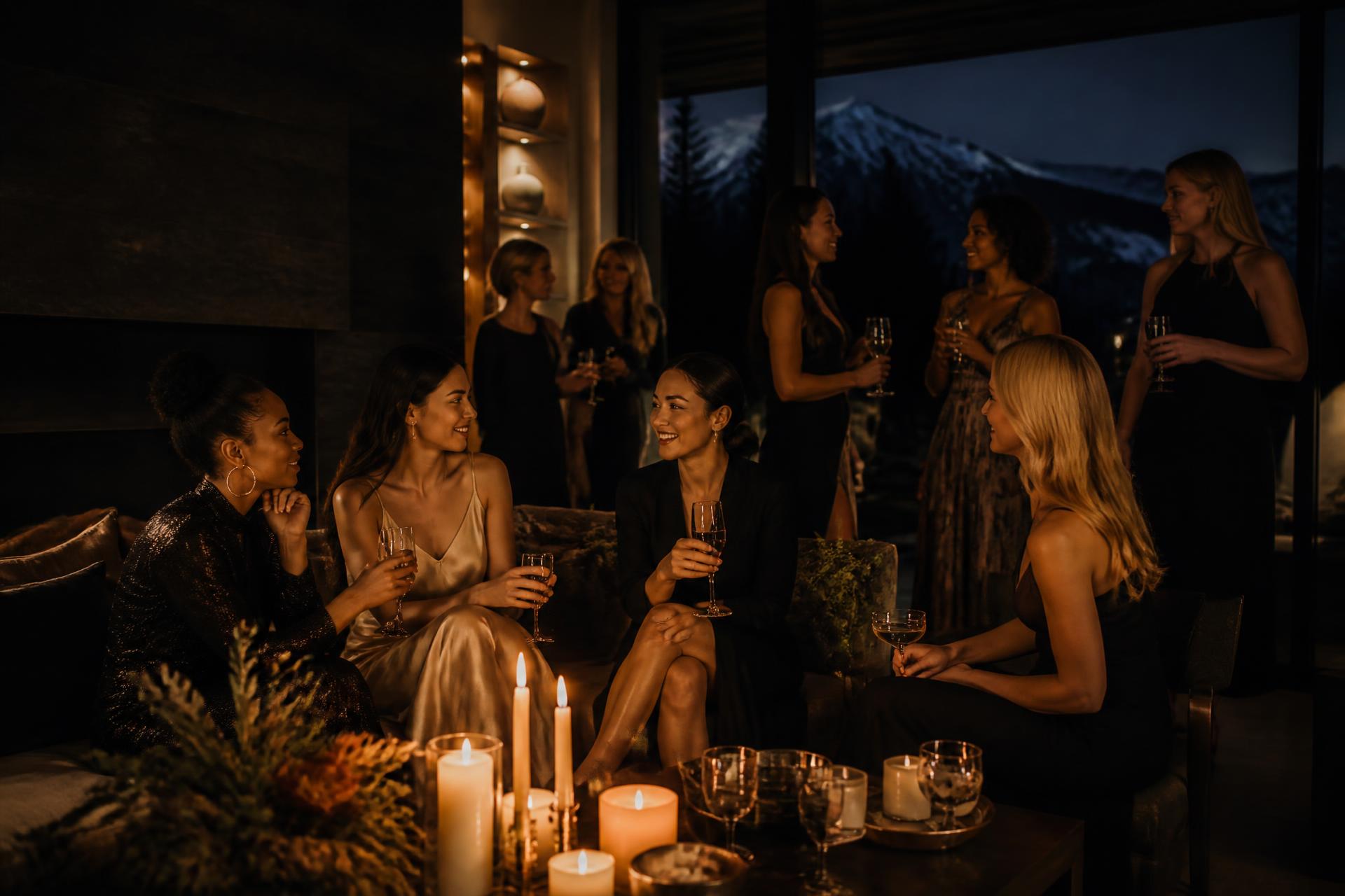 Women gathered by candlelight at a luxury mountain retreat